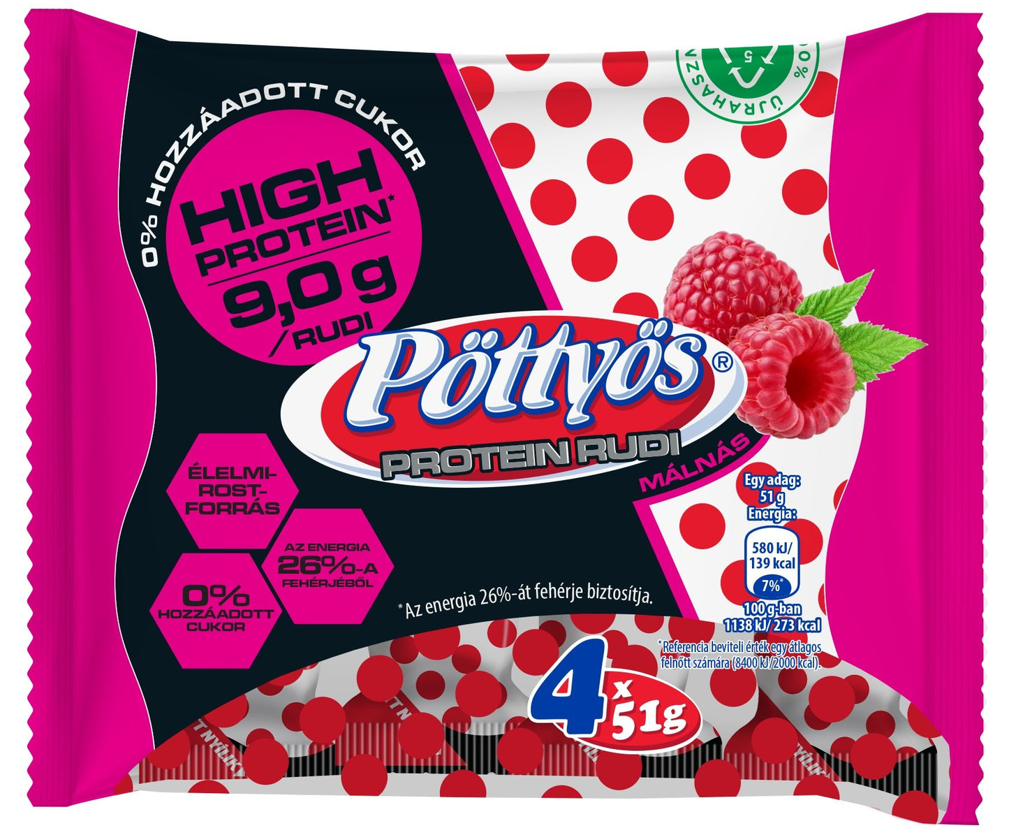 Pöttyös Málnás protein rudi (4x51g)